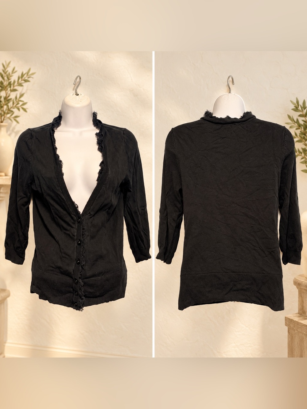 W&B Black Silk-Blend Ruffle-Trim Cardigan Sweater Size Small